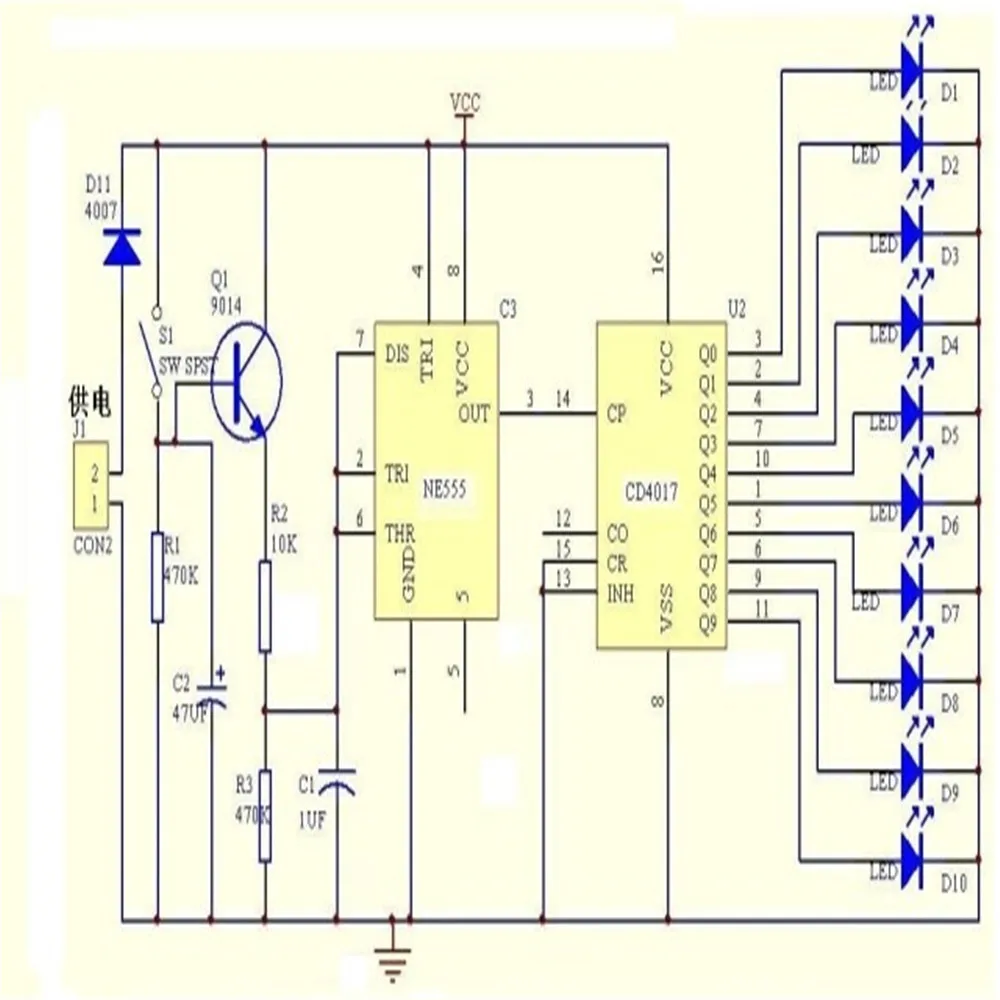 Электронный набор CD4017 NE555 самостоятельный DIY светодиодный светильник, комплекты, производственные части и компоненты, 3-5 в роторный набор