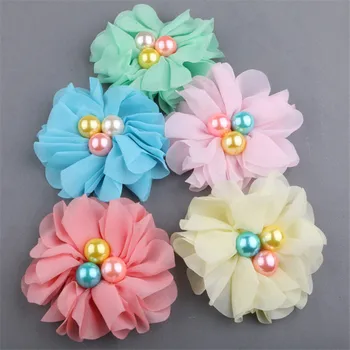 

Trendy New 20PCs/Lot Round Pearls Core Decorated Chiffon Fabric Flowers Patch Sticker Handmade Floral Button Stickers Ornaments
