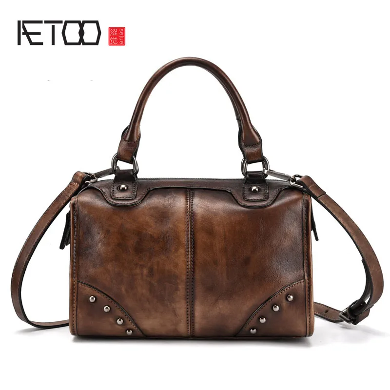 

AETOO New retro handbag tree high leather handbags hand-painted fashion Boston bag Europe and America leisure bag
