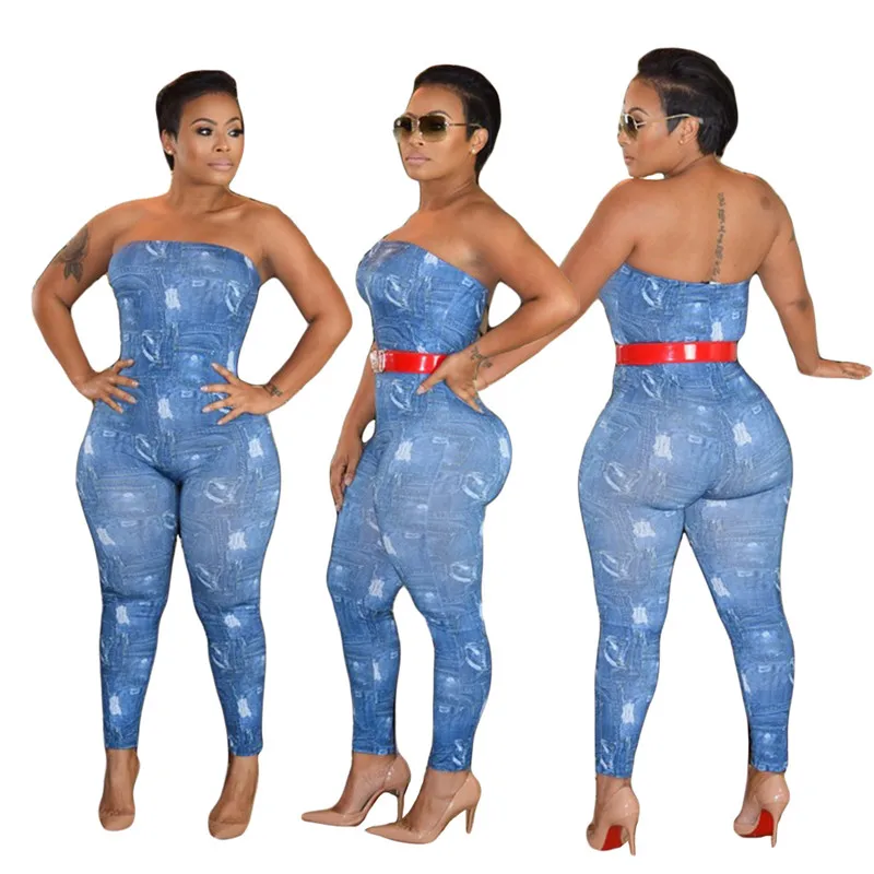 

Summer Casual Streetwear Style Rompers Womens Jumpsuit Strapless Backless Denim Print Bag Hip Slim Sexy Jumpsuit Without Sashes