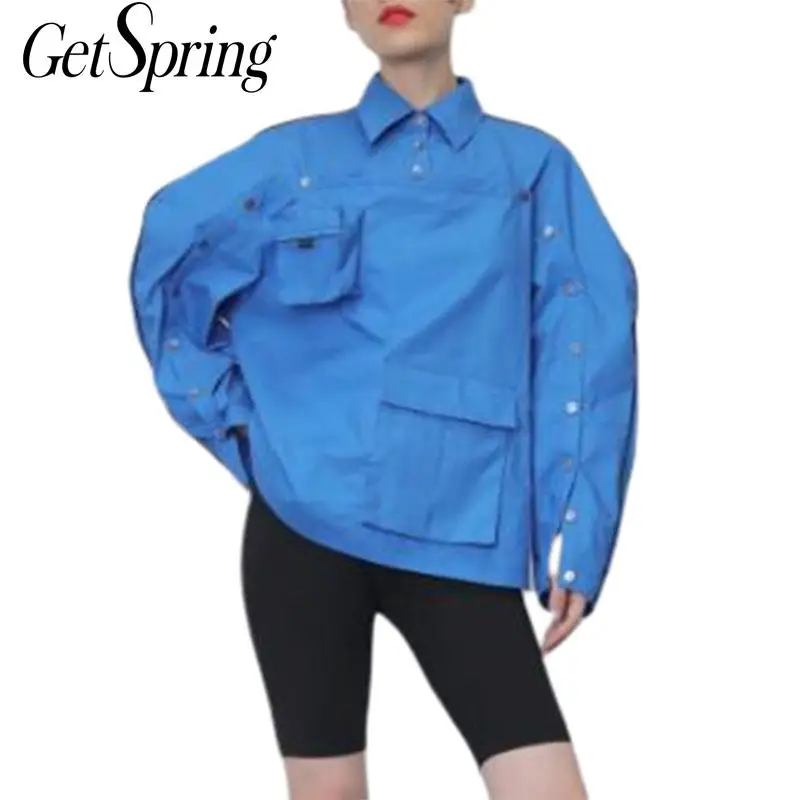 

GETSPRING Women Blouses Cotton Blue Women Shirt Long Sleeve Buttons Loose Ladies Tops All Match Women Tops 2019 Autumn Fashion