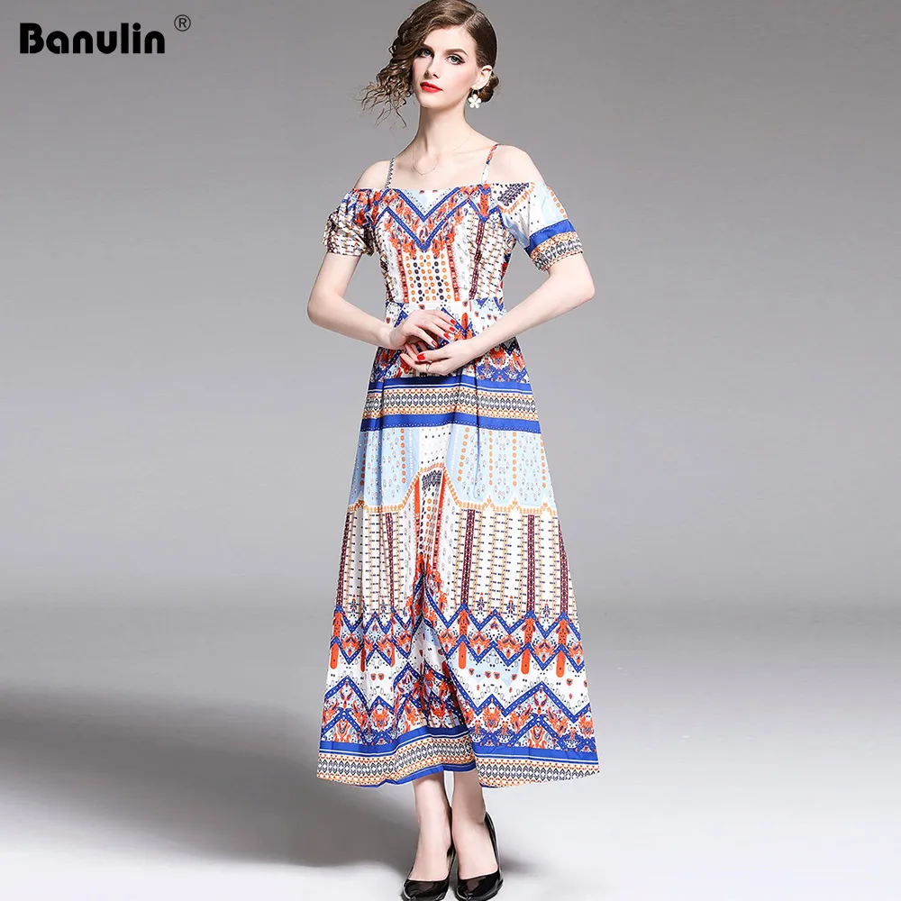 

Banulin 2019 Fashion Summer Runway Maxi Dress Women's Slash Neck Spaghetti Stripe Floral Print Dresses Long Bohemia Vestidos