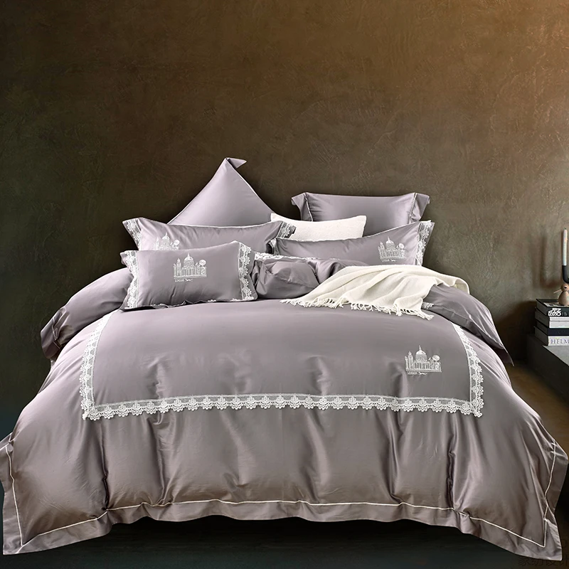 2018 Egyptian Cotton Bedlinen Luxury gray bedclothes King Queen double size bedcover lace duvet