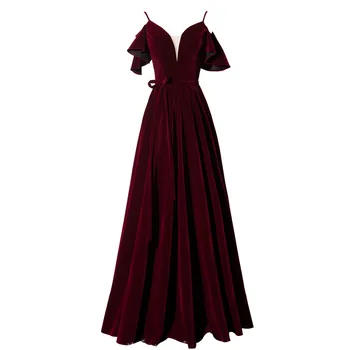 

Fashion New Elegant Burgundy velvet spaghetti strap Evening Dress Long Prom Party Gown Formal Dress Robe De Soiree 2019