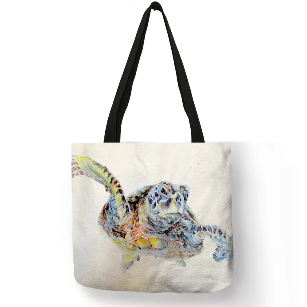 Женские сумки с акварельным принтом морской черепахи, Новое поступление, сумки-тоут, льняные многоразовые сумки для покупок B01092 - Цвет: 09