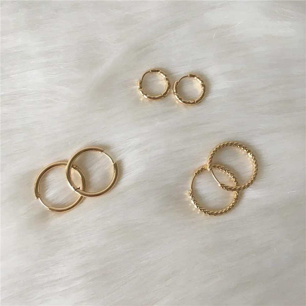 Модные Позолоченные простые текстурированные серьги-кольца из нержавеющей стали для унисекс