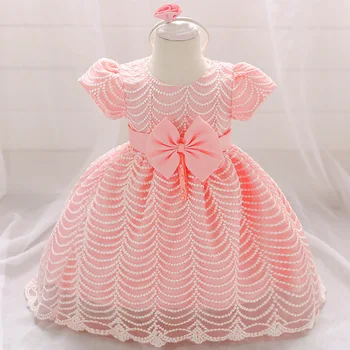 

Summer 0-2Y Infant Girls Dress Jacquard Pearl Party Wedding Dress Toddler Children Birthday Princess Costume Baby Kids Clothing