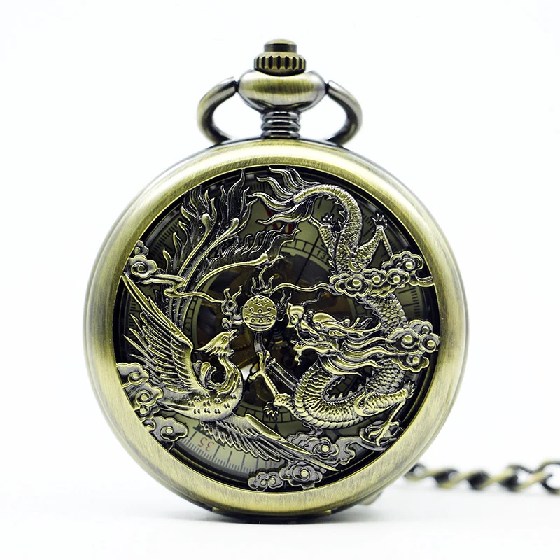 

High Quality Hollow Dragon Phoenix Roman Dial Mechanical Pocket Watches Hand Winding Skeleton Unisex with Fob Chain PJX1272