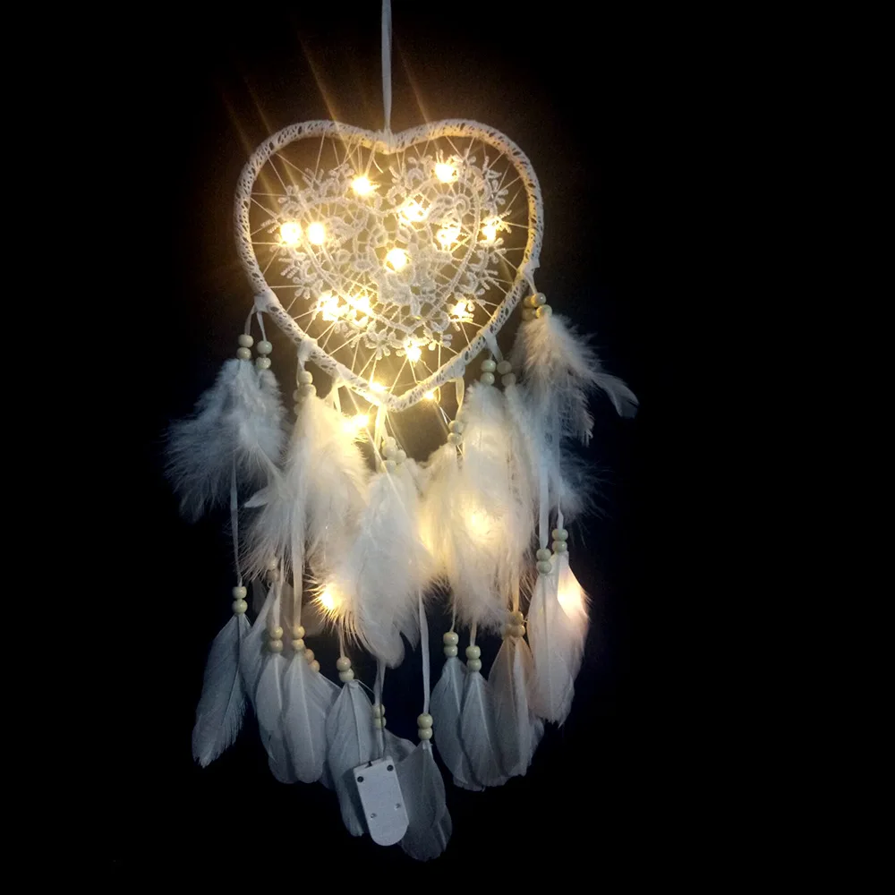 Ночной светильник в форме сердца, настенный подвесной декор, перо, Ловец снов, ручной работы, украшения для дома, ремесло, Ловец снов, орнамент, подвеска