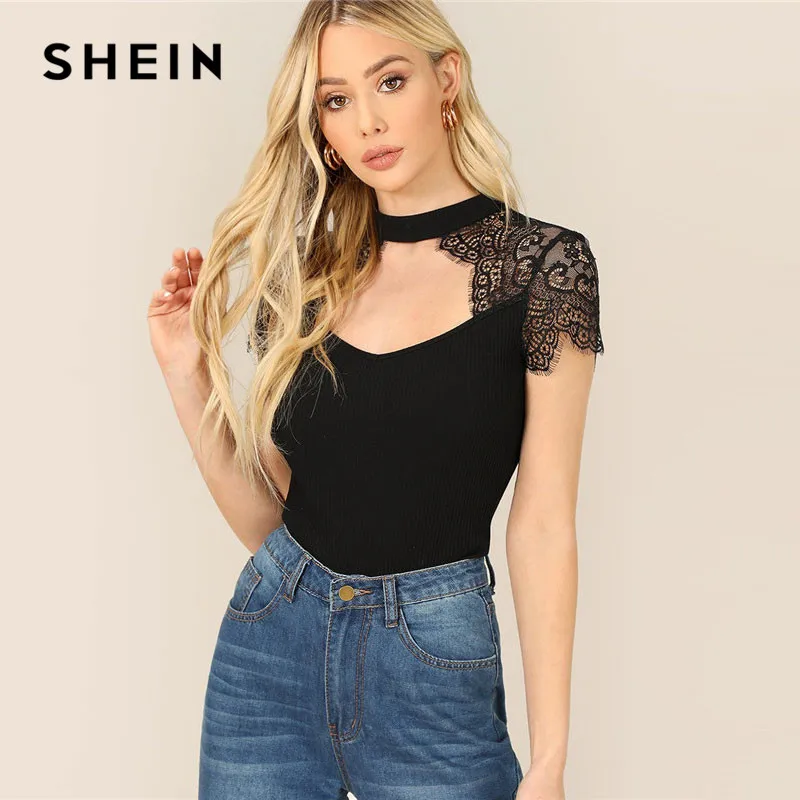 SHEIN Одноцветный Топ С Воротником Чокер И Кружевной Вставкой Стильный Топ С Коротким Рукавом