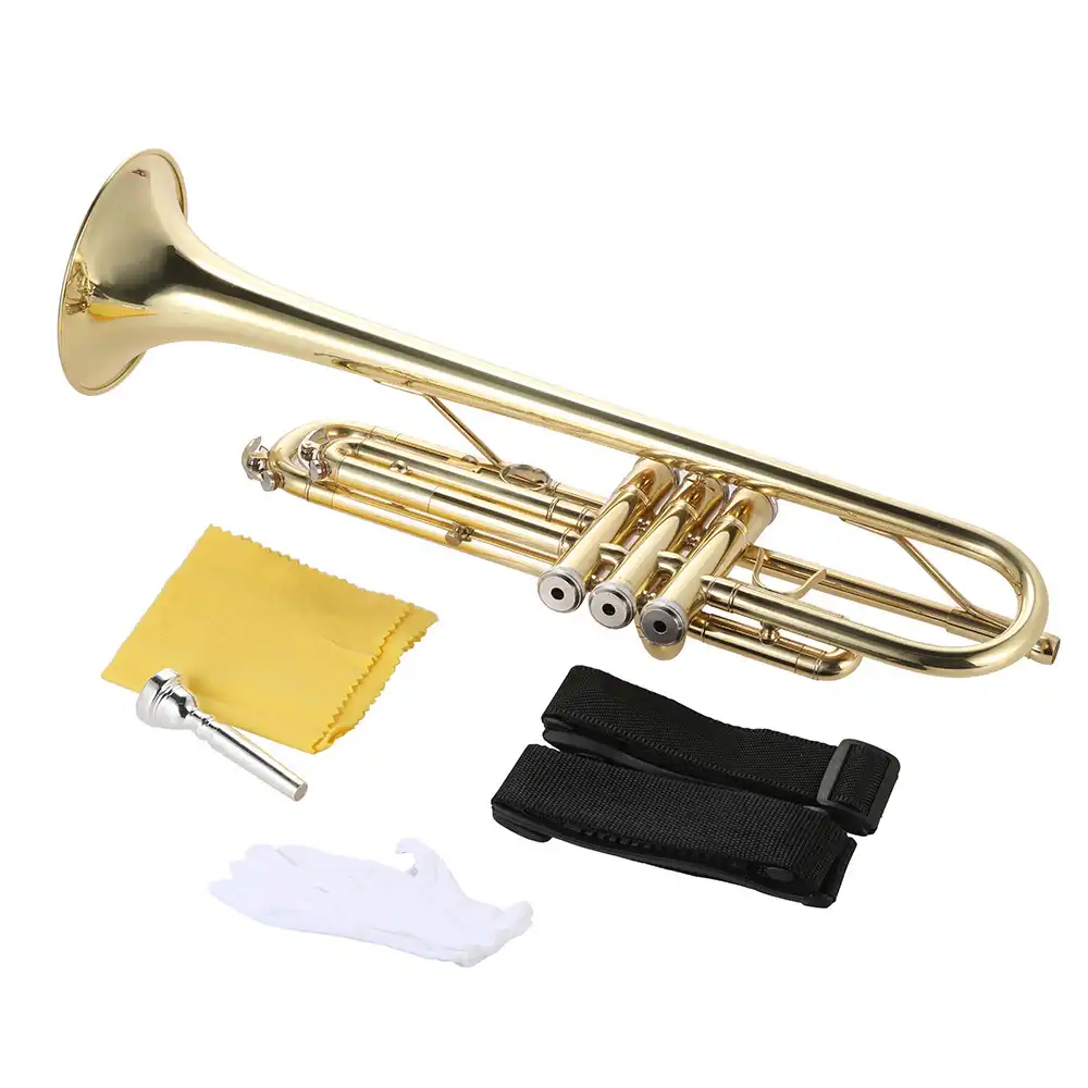 ammoon Trumpet Bb Flat Brass Gold-painted Exquisite Durable Musical Instrument with Mouthpiece Gloves Strap Case ammoon Trumpet Bb Flat Brass Gold-painted Exquisite Durable Musical Instrument with Mouthpiece Gloves Strap Case