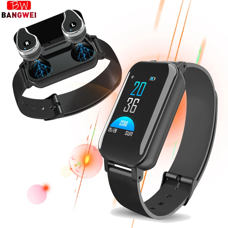 

BANGWEI 2019 New TWS Smart Binaural Bluetooth Headphone Fitness Sport watch Wristband Heart Rate Monitor Smart Watch Men Women