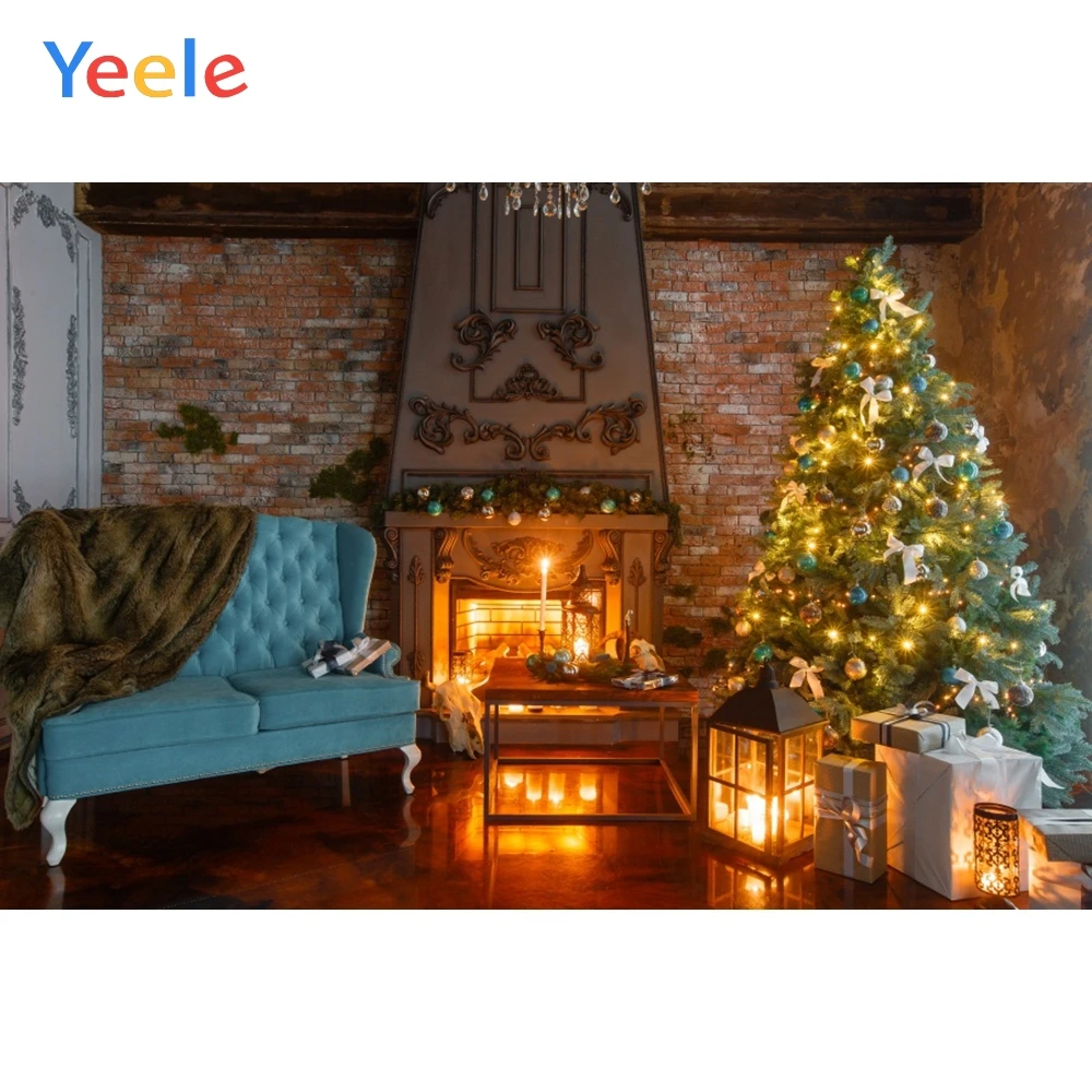 

Yeele Fireplace Christmas Tree Brick Wall Lamp Baby Photography Background Customized Photographic Backdrops for Photo Studio