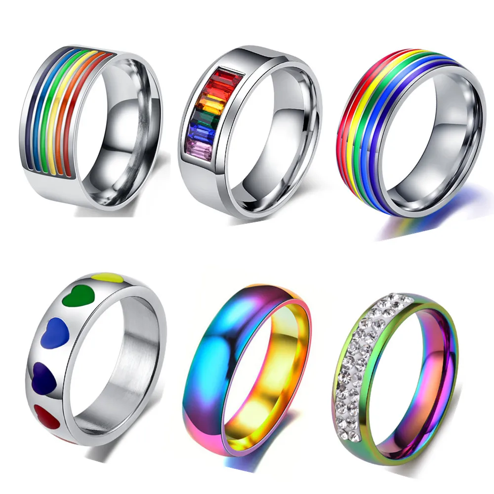FOXI YOUTH Lovers Surgical Steel LGBT Gay Pride Lesbian Rainbow Colorful CZ Stone Inlay Band Ring Promise Wedding Engagement Rings:Silver-13#