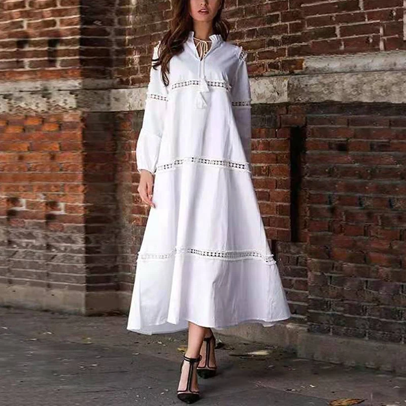 

Plus Size Women dress Autumn Winter Long Sleeve solid v-neck Tassel Lace Hollow out Boho Loose elegant hot new Dress