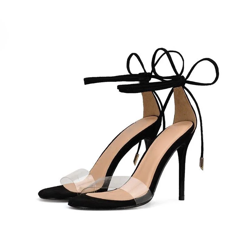 

TIMETANG 2018 summer new black round fine with high heels strap transparent rubber sandals Women's party dress sandals size32-46