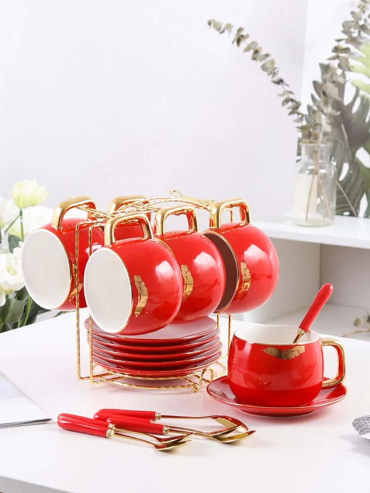 6-piece set Red Высокая-класс Кофе чашка Модный комплект одежды с принтом «губы» Кофе чашки фарфоровая чашка для чая наборы чашек и блюдца Набор кружек домашний, для напитков - Цвет: 6-piece set Red