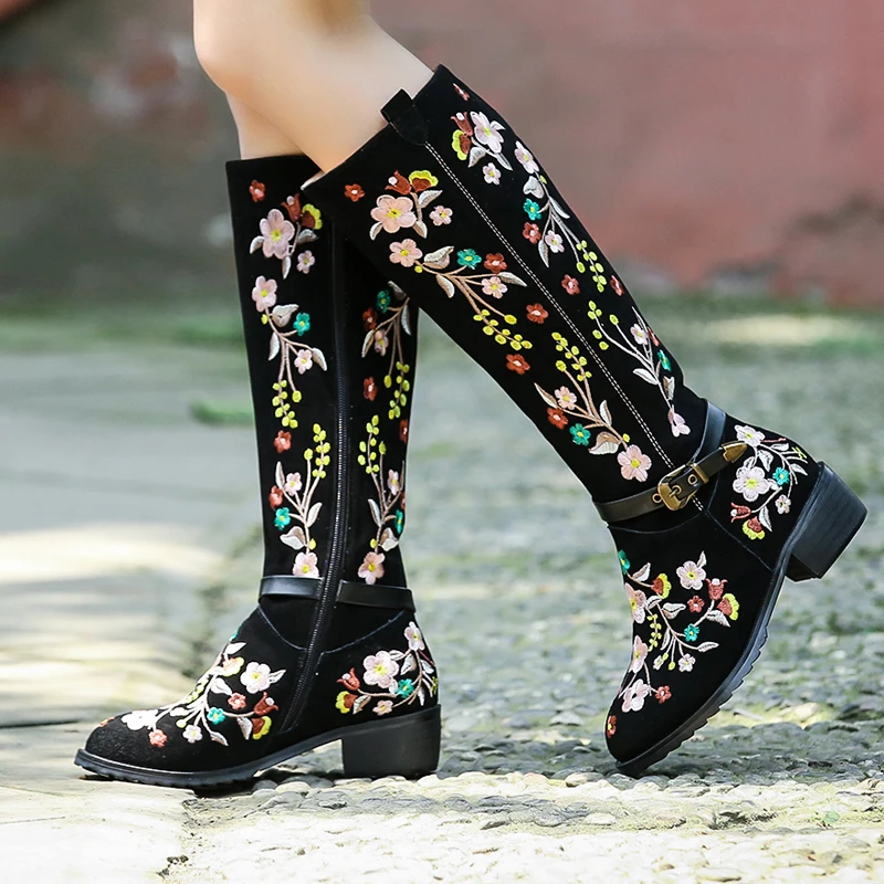 

Winter Women Boots Chinese Style Round toe Square Heel Med Heels Motorcycle Boots High Heels Sexy Winter Boots Women Botas Rojas