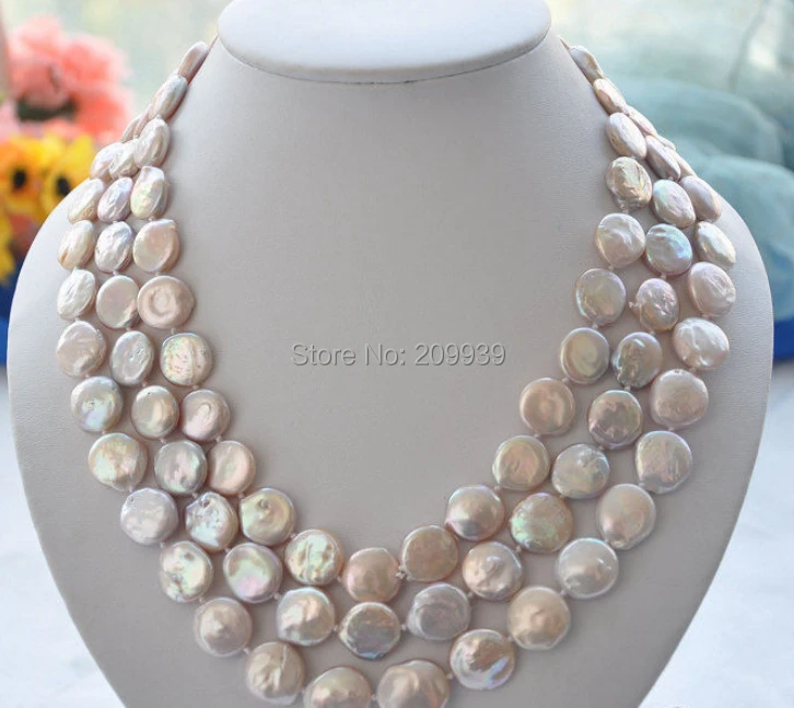 

huij 002836 3row 14mm lavender coin freshwater pearl necklace