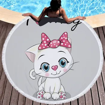 

New creative Style Microfiber 150x150cm Cute white gray Cat Round Beach Towel Bikini Cover Up bath towel Picnic Blanket Cushion