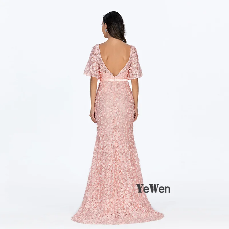 Mermaid Short Sleeves Luxury Evening Dress Long V Neck Pink Flowers Pearls Women Elegant Formal Party Gowns 2019 Prom Dresses