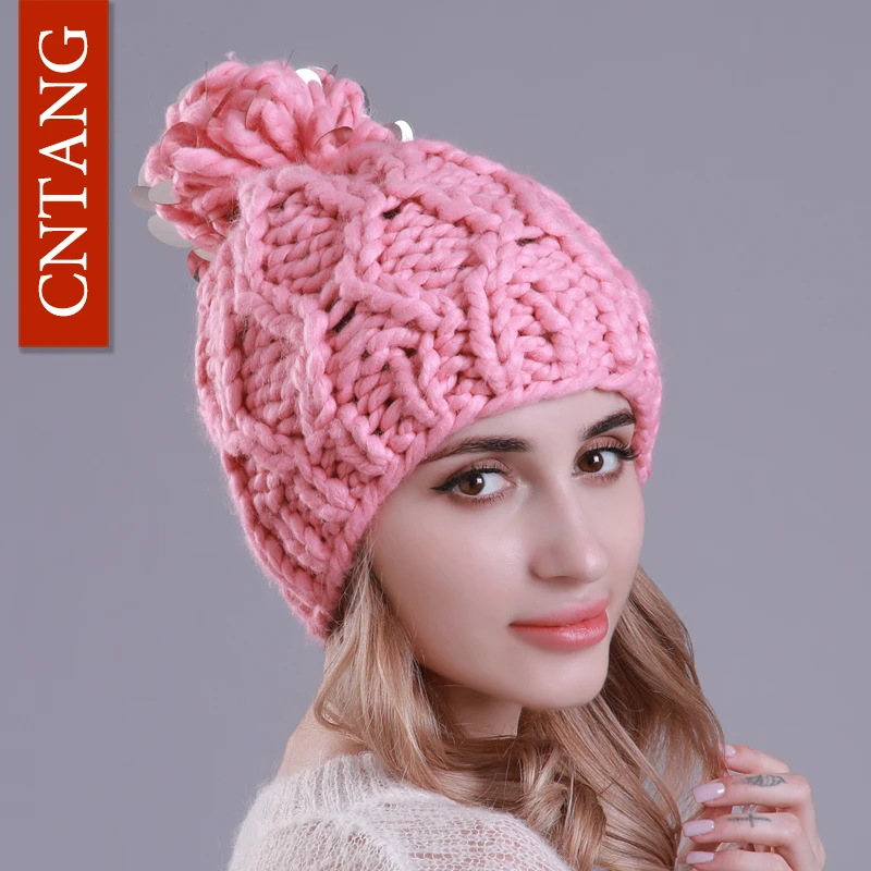 CNTANG зимняя вязаная шапка для женщин, модные шапочки с помпоном, вязаные грубые линии, шапки для девушек, теплые шапки ручной работы с блестками