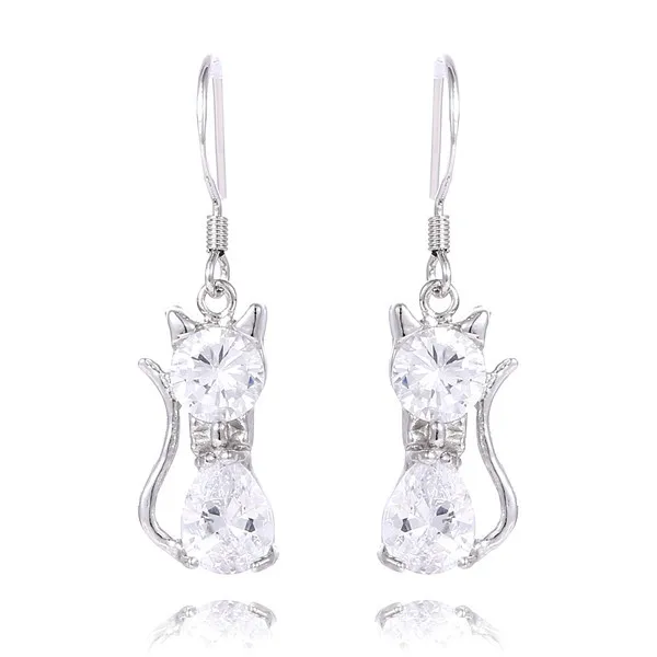 SHUANGR Free Shipping 2pcs=1pair silver White Cubic Zironia CZ Fashion Cute Cat woman's jewelry Drop Earrings TA385