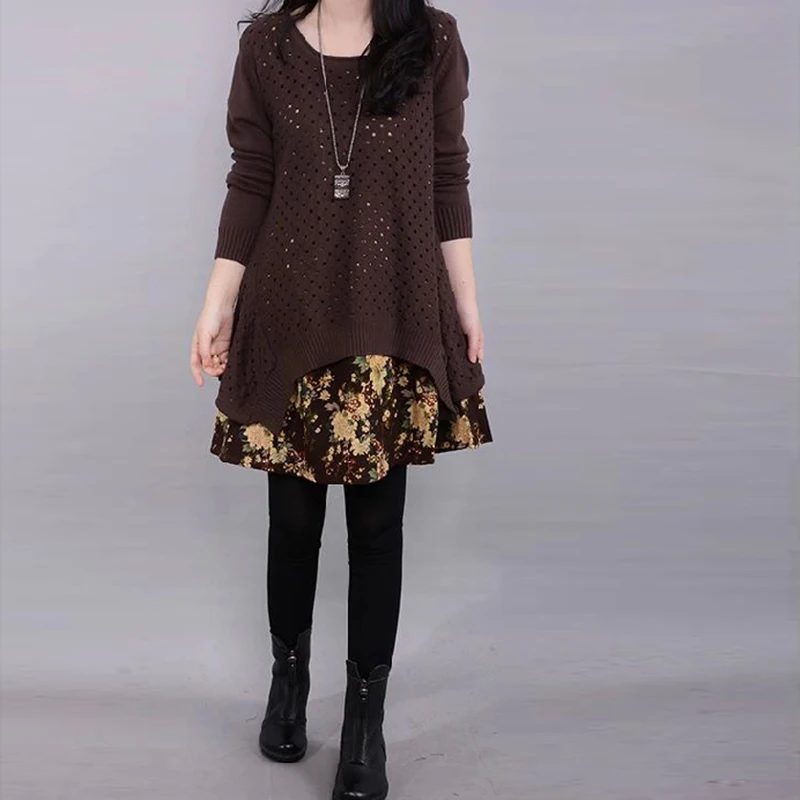 Autumn Winter Women's Long sleeve Knitted Floral Dress Loose Casual Party Dress