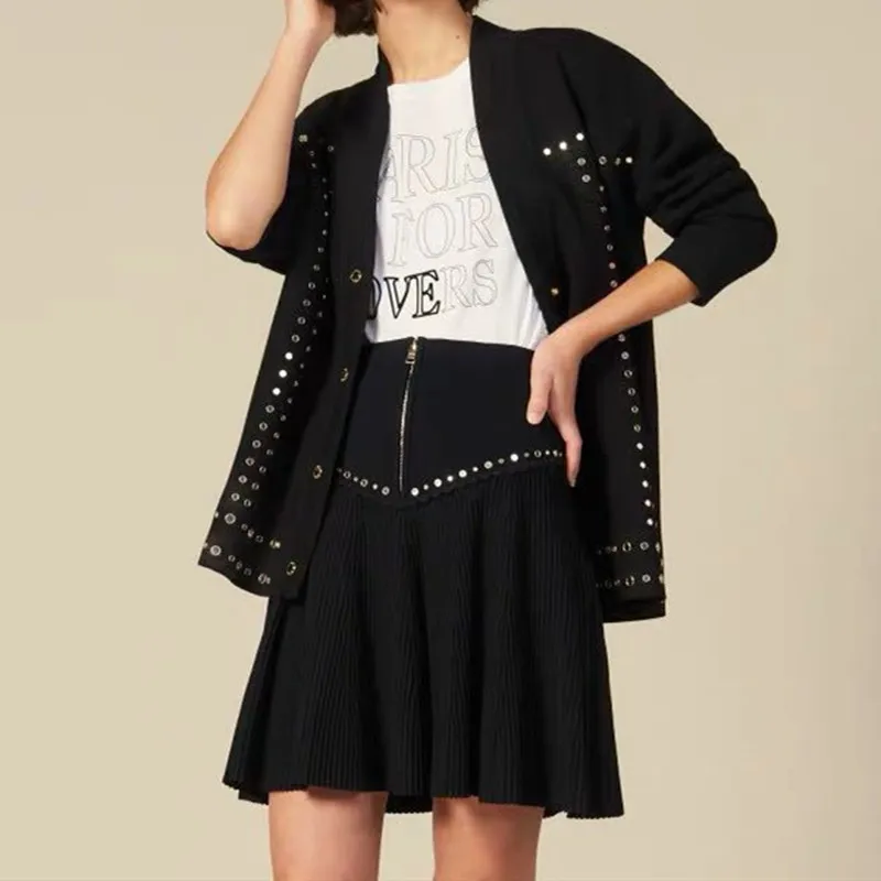

2019 Summer Autumn Women Mini Skirt knitted Black high waist slim beaded skirts ladies with zipper