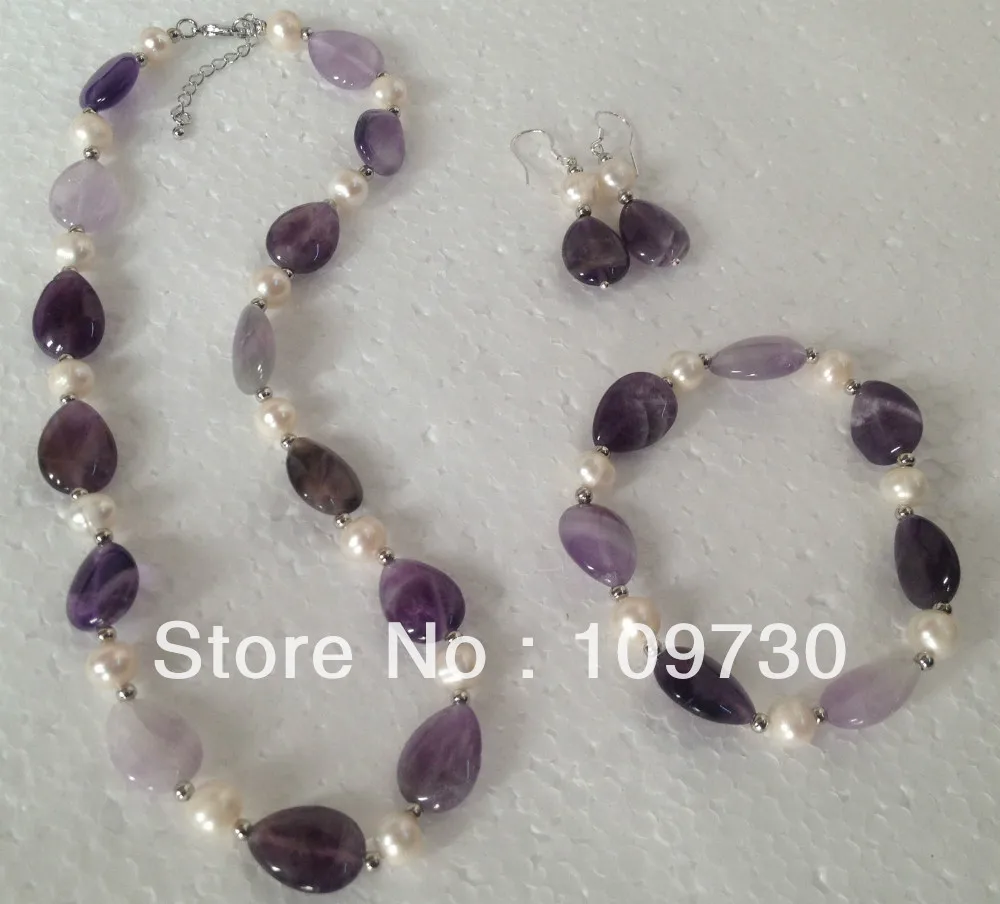 

Jewelry 00139 Natural Amethyst(13x18mm) /white Pearl Necklace Bracelet Earring Set hot