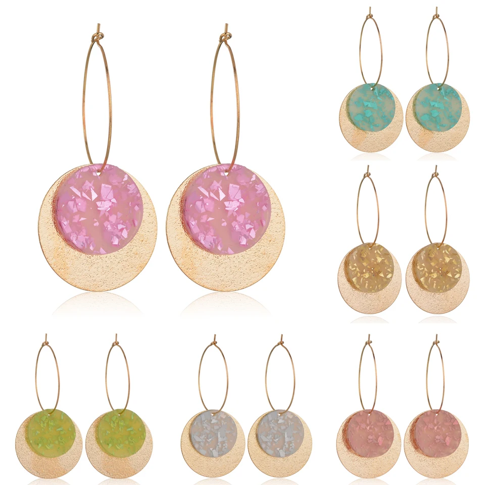 

Qiao La Japanese And Korean Fashion Simple Bohemian Retro Geometric Round Long Metal Earrings Shell Temperament Woman Pendant