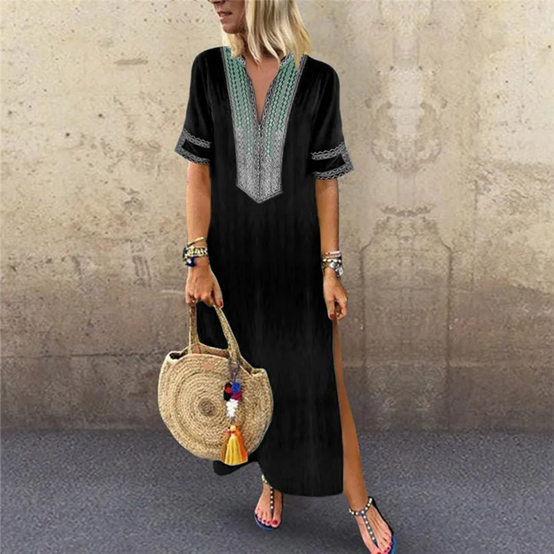 New Fashion Women Summer Sexy V-Neck Short Sleeve Folk-Custom Print Vintage Dress Elegant Ladies Casual Party Vestidos #4R09   (10)
