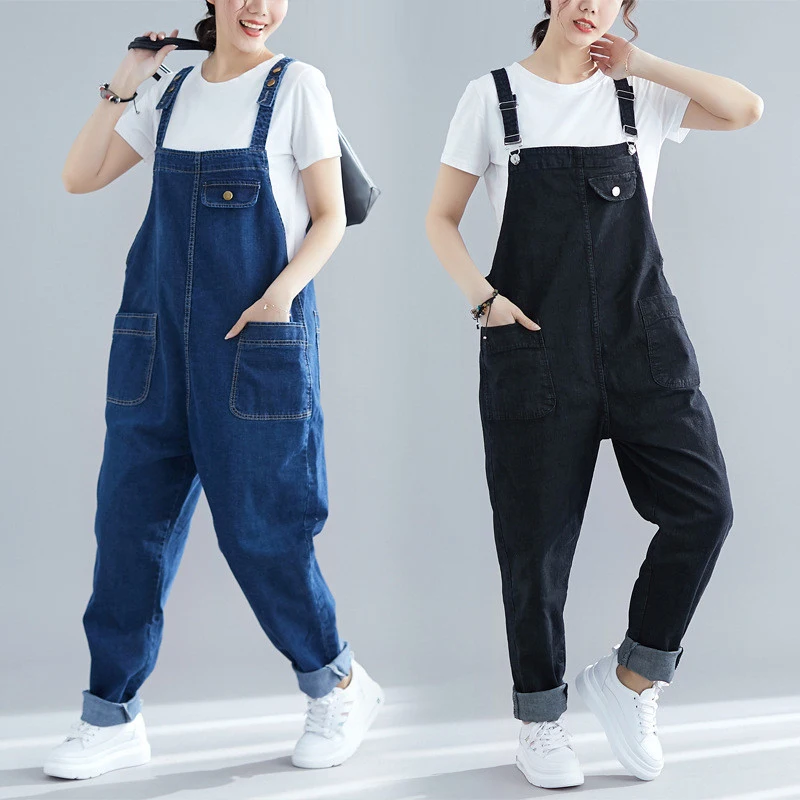 

High waist Multi-pocket Denim Bib Female Port Wind Loose Straight Jumpsuit Slimming Overalls trousers More Size 5XL-8XL