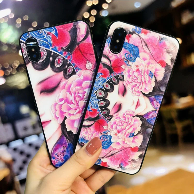 

Chinese Style Peking Opera Embossed Flower Face Cover For iPhone 7 8 Plus X XR XS Max TPU For Motorola Moto G6 Play E4 Plus Case