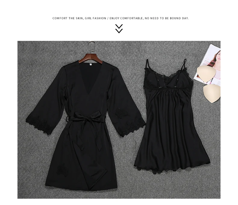 Женский пикантный Шелковый Атласный вечерний комплект с платьем кружевной халат, модный халат+ ночная рубашка, 2 предмета, летняя одежда для сна для женщин
