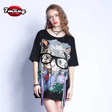 7mang Летняя женская уличная Милая Черная свободная прямая футболка с блестками Повседневная футболка с принтом кота