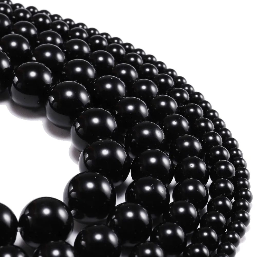 1 strand/lot 4 6 8 10 12mm 자연적인 돌 매끄러운 glisten 까만 유리 구슬 느슨한 간격 장치 팔찌 구슬 보석 만들기를위한 공급자