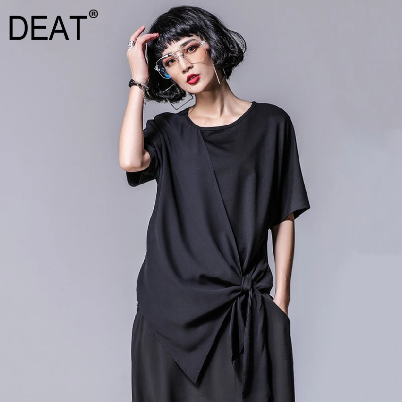 

[DEAT] 2019 New Spring Summer Round Neck Short Sleeve Black Loose Hem Bandage Irregular Loose T-shirt Women Fashion Tide JR47