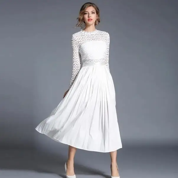 2019 осень Для женщин кружевная вставка плиссированный Maxi Dress Vestidos Robe для худого