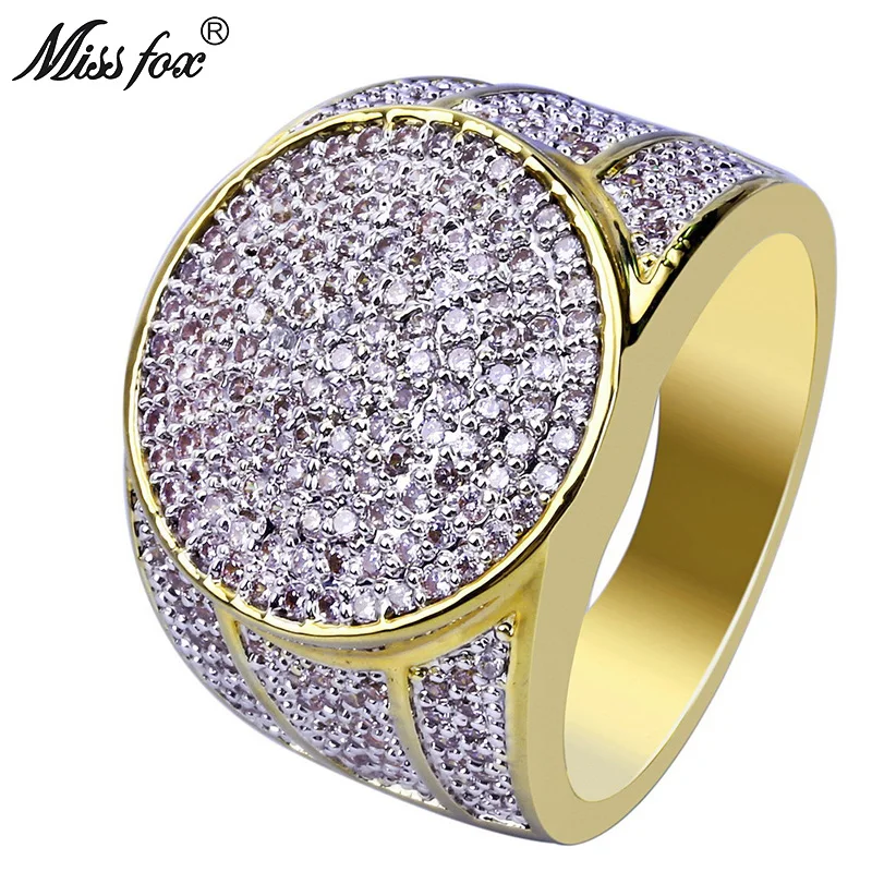 

HOT!!! Hip Hop Round 18K Gold Ring Men Prong Setting Solitaire Brand Luxury Ring Micro Pave Diamond Engagement Men Accessories