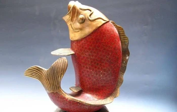 

18 Chinese Royal 100% Pure Bronze handwork cloisonne Enamel Red carp Fish Statue