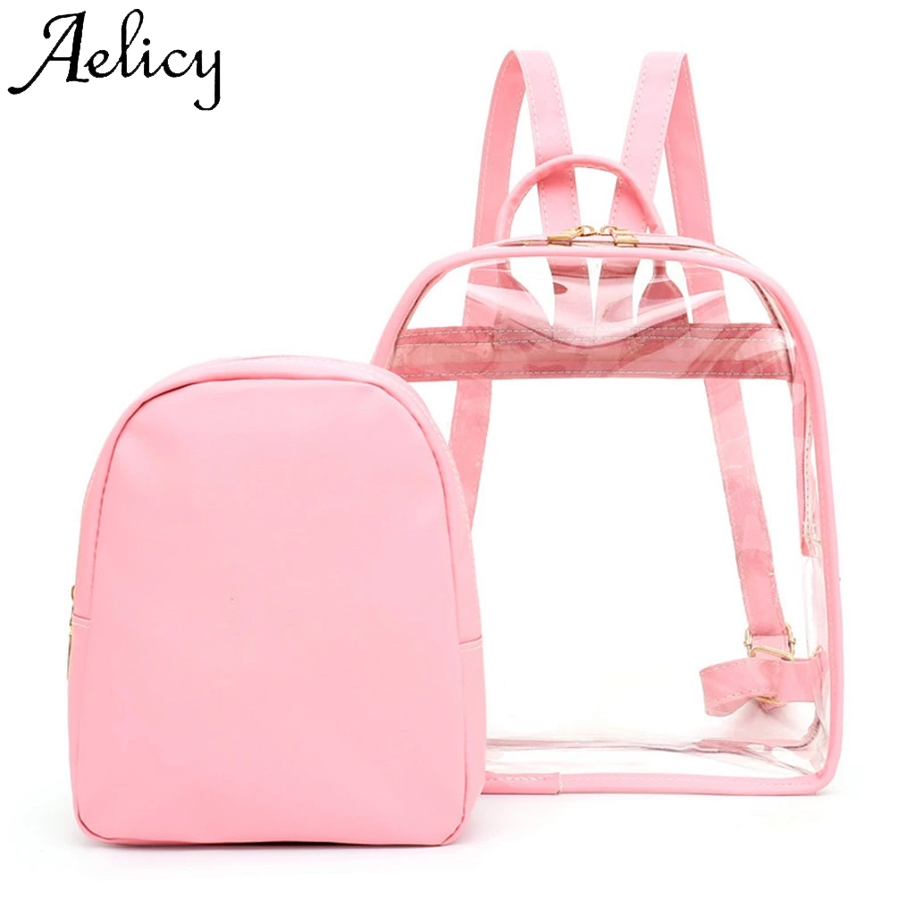 

Aelicy 2PCS Women's Ladies Pattern Pure Color High Quality Sport Phone Pocket zipper Fashion Transparent Backpack+Small Bag