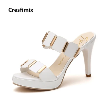 

Cresfimix sandalias de mujer women cute 9cm high heel white sandals lady fashion pu leather black slip on sandals sexy sandals