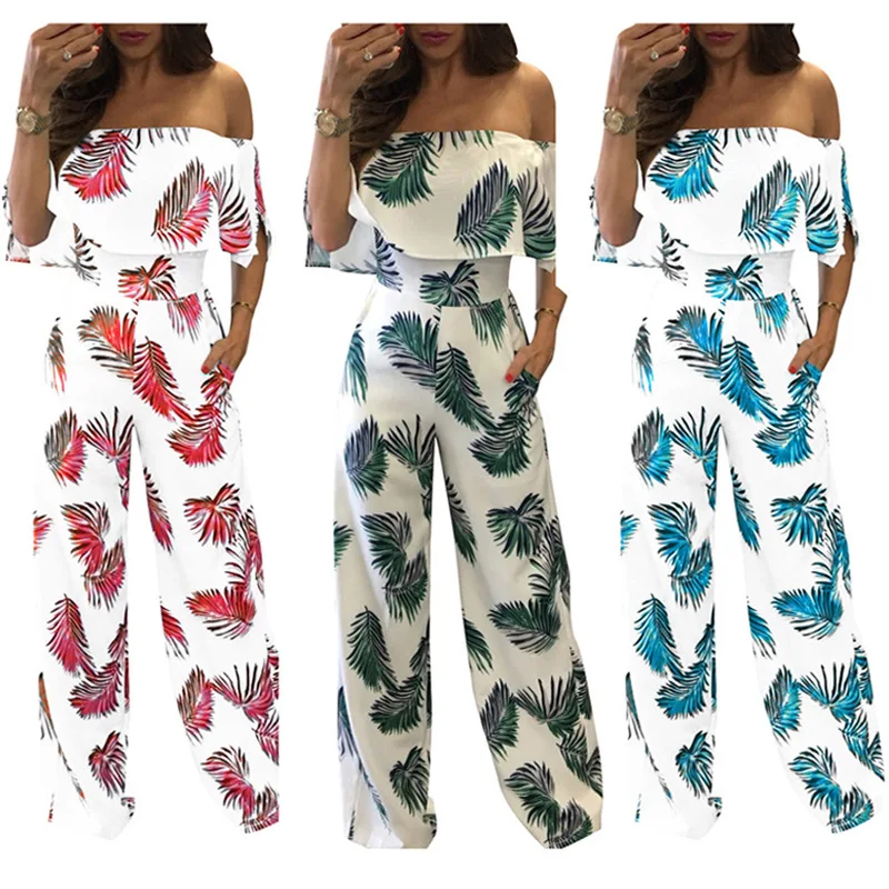 S 2XL women full length pant slash neck jumpsuit lady floral print