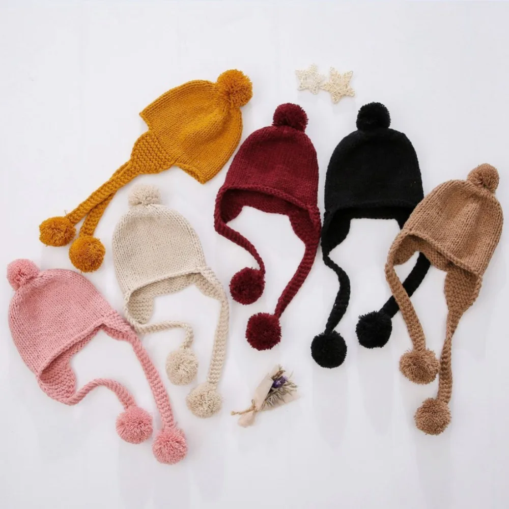 

Knitted Baby Winter Hat Fur Pompom Caps Toddler Boys Girls Crochet Cap Cotton Protect The Ears Hairball Hats Warm Kids Beanie