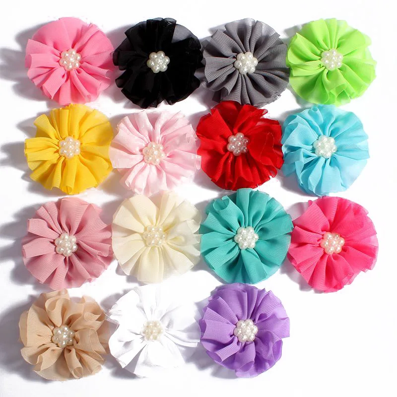 

120pcs/lot 6.5cm 15colors Hair Clip Chiffon Flowers With Pearl For Hair Accessories Artificial Fabric Flowers For DIY Headbands