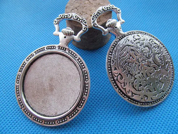 

2pcs Large Antique Silver tone/Antique Bronze Vintage Pocket Watch Base Setting Pendant Charm,35mm Cabochon/Cameo Tray Bezel