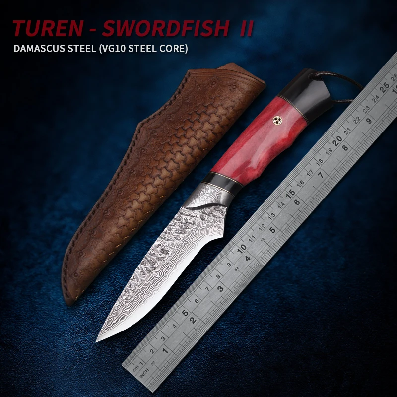 

TUREN-VG10 Damascus Steel Hunting Knives Camping Fixed Blade Knife Survival Tools Ox Bone Handle Tactical Knife With Sheath