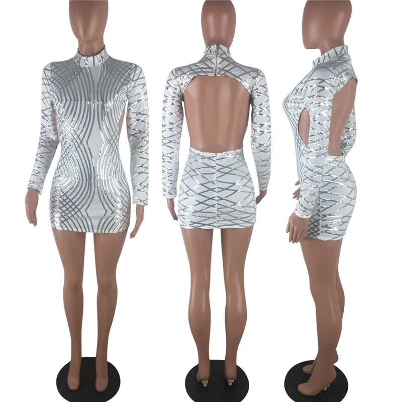 Сексуальное женское серебряное облегающее мини-платье с открытой спиной, с длинным рукавом, с круглым вырезом, на молнии сзади, с блестками, в полоску, Клубные вечерние короткие платья Lentejuelas
