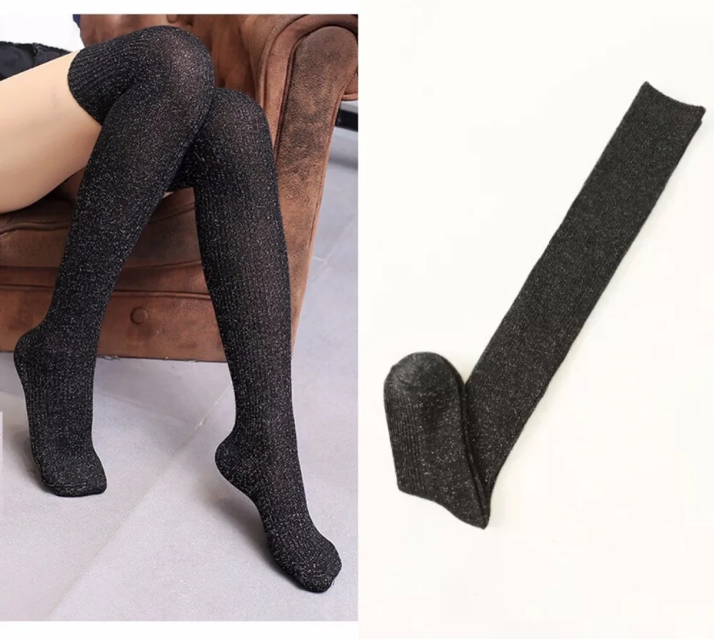 Ubetoku women's autumn warm cotton stockings golden shining striped